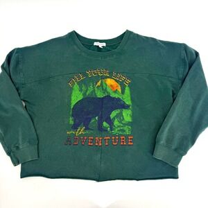 Granola Girl Forest Green Bear Adventure Graphic Cropped Sweatshirt Womens Small